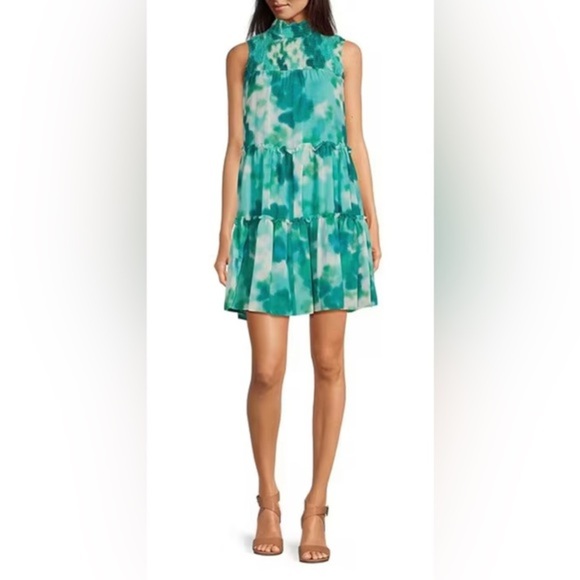 Taylor green Tie-Dye Smocked Bodice Mock Neck Sleeveless Trapeze Dress size XS - Picture 1 of 4